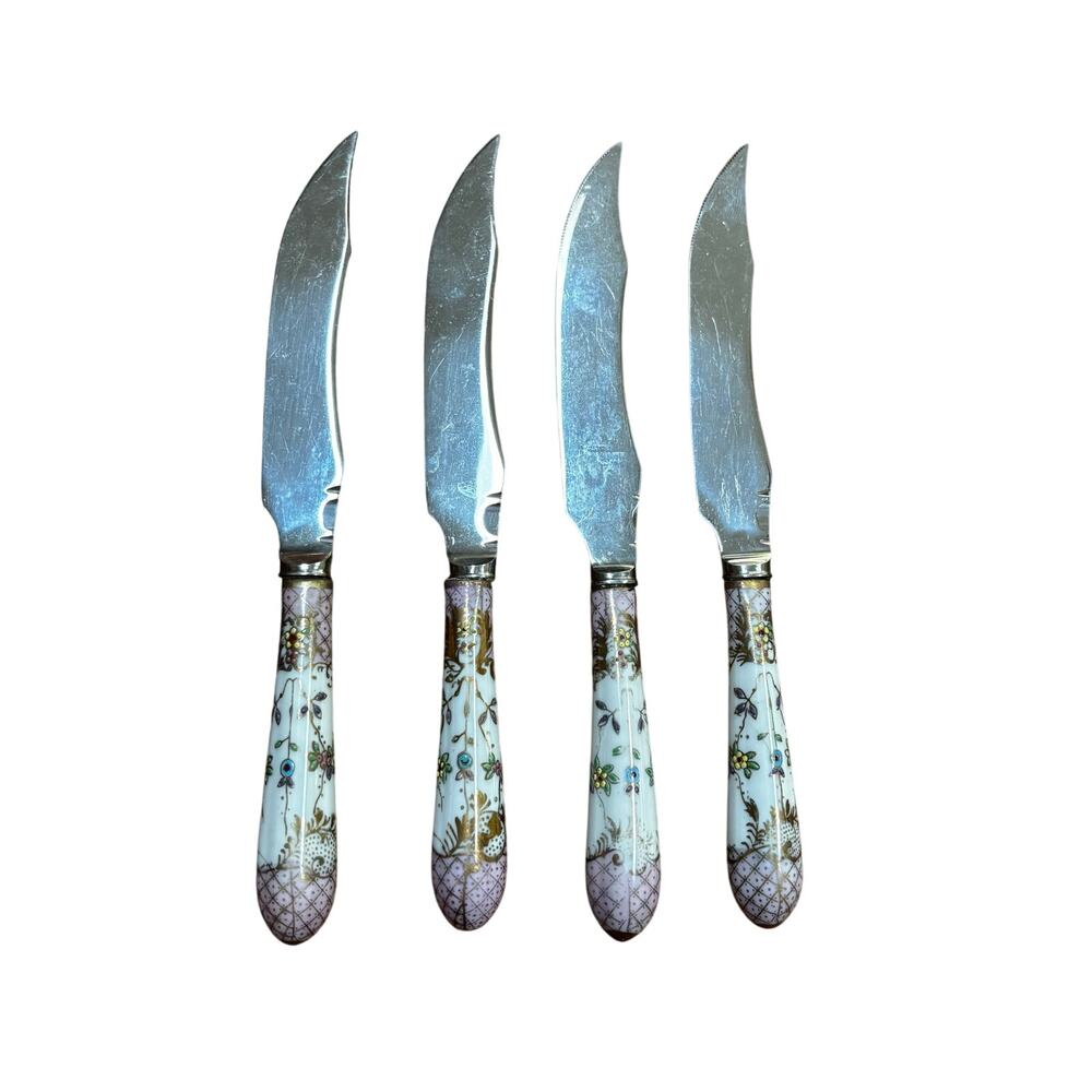 Vintage Hand Painted Pink Porcelain Handle Sheffield stainless steel knives (4)